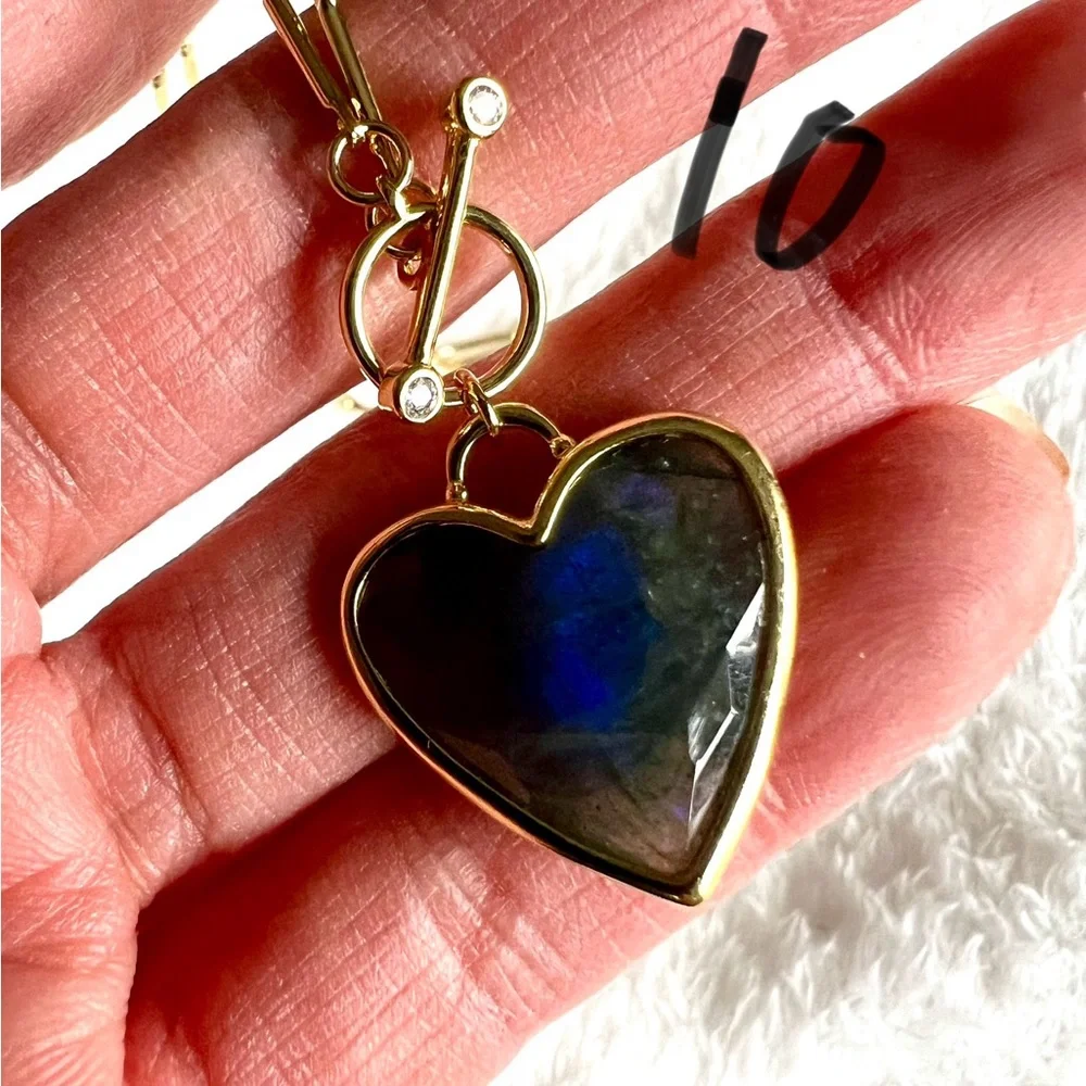 Choose from 10! 14k Subtle Flash Labradorite ❤️ Heart Toggle Necklace Pendant - Picture 13 of 15